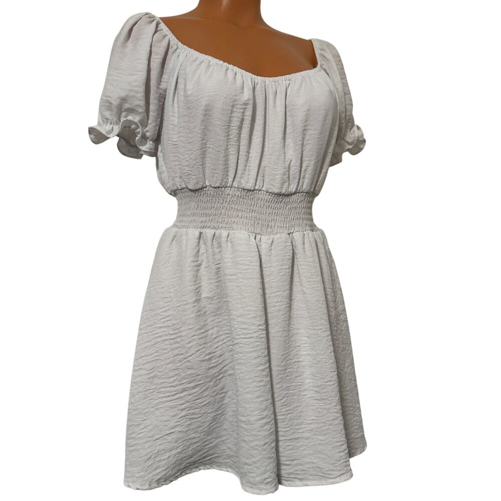 Bebop Womens Medium White Textured Romper Off-Shoulder Puff Sleeve Smocked Waist